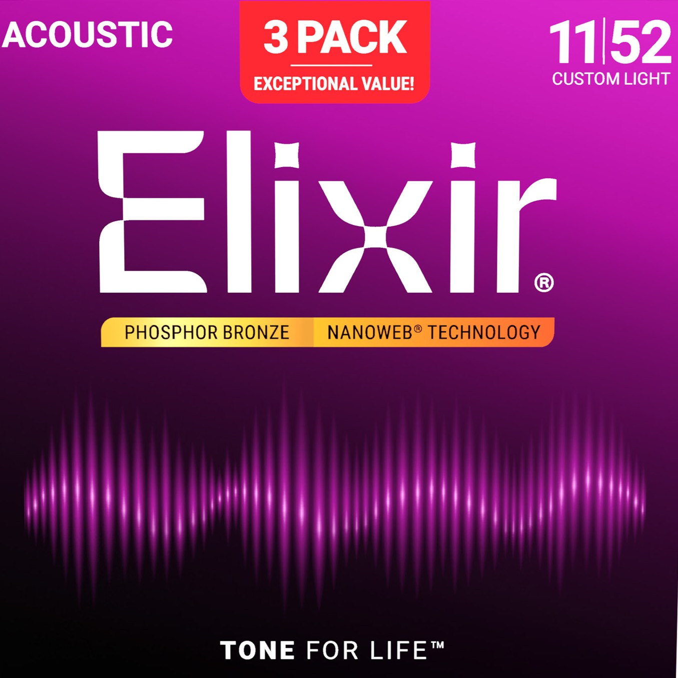 elixir nanoweb phosphor bronze acoustic guitar strings 11-52 3-pack