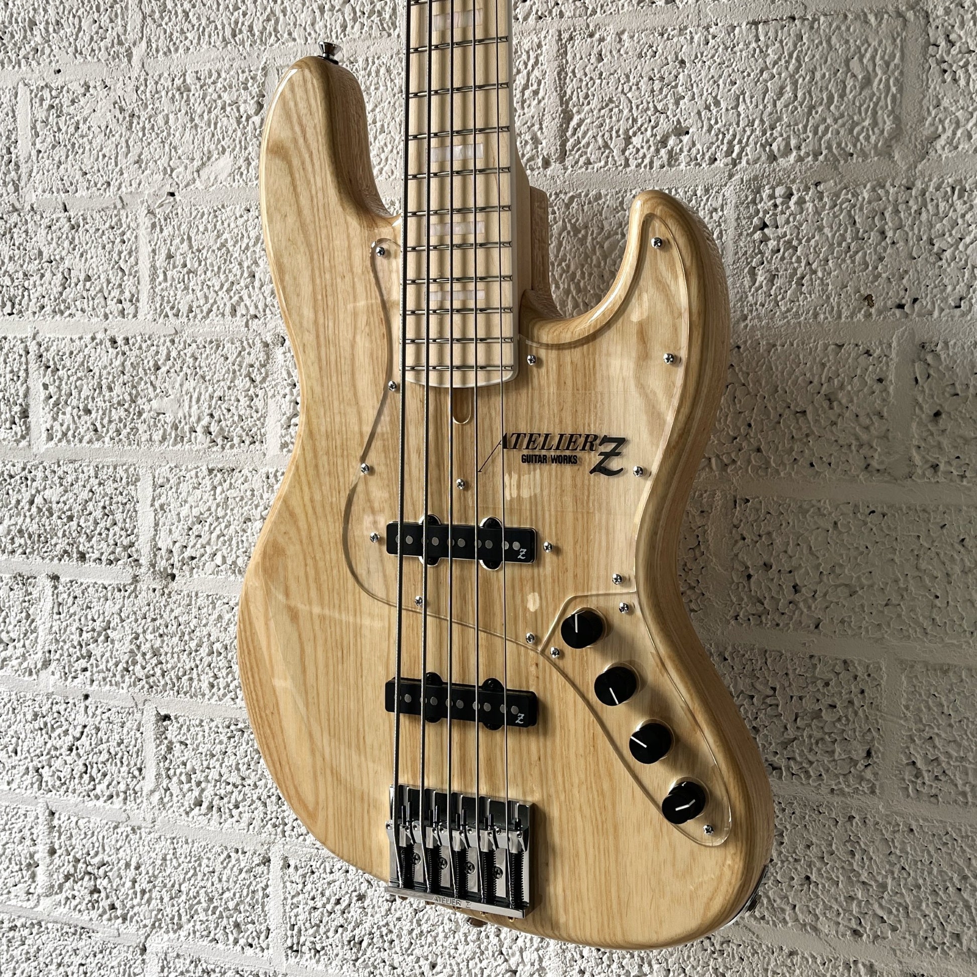 atelier z m265 natural hand-built japanese 5-string active bass pickup cover removed body angled