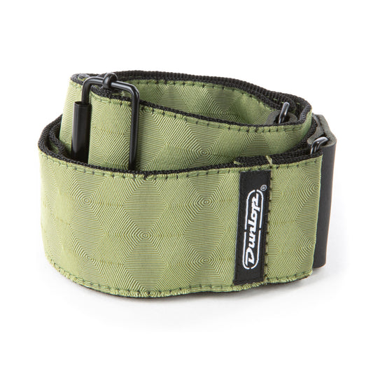 dunlop jacquard hexagon echo olive guitar strap coiled
