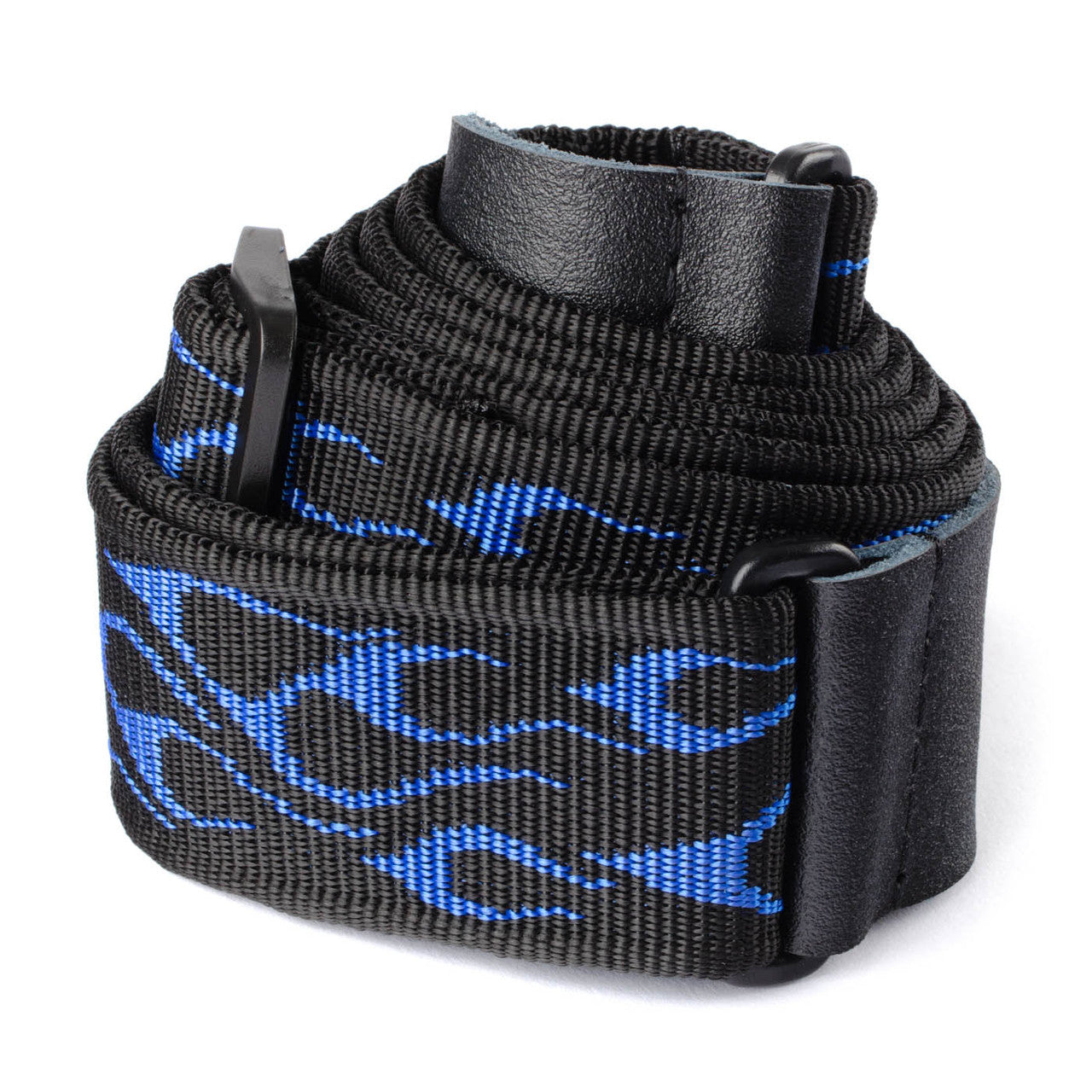 dunlop standard flame blue guitar strap coiled