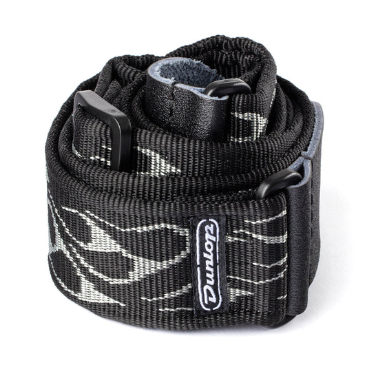 dunlop standard flame gray guitar strap coiled