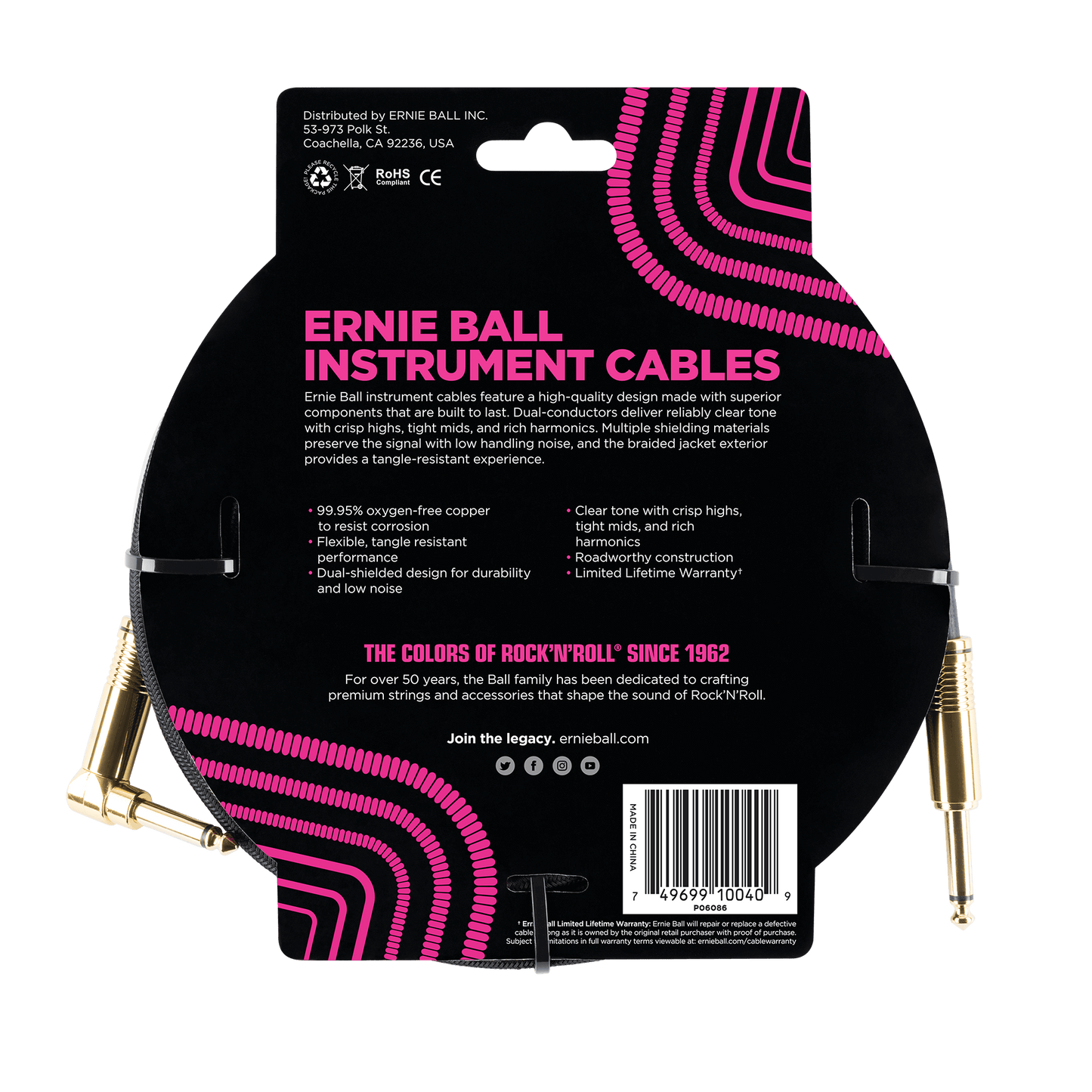ernie ball 6086 braided cable 5.5m angled straight back view