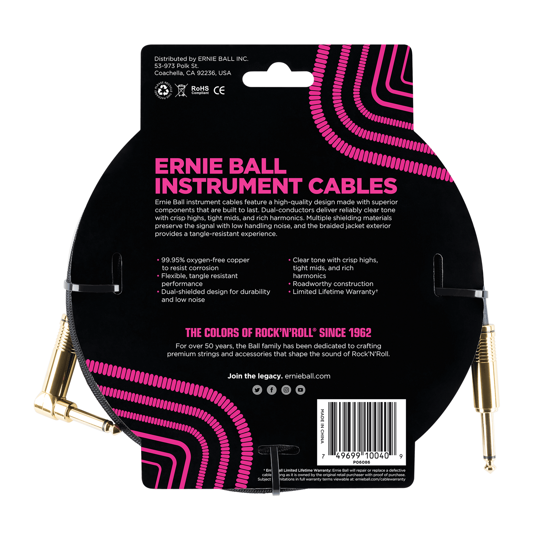 ernie ball 6086 braided cable 5.5m angled straight back view
