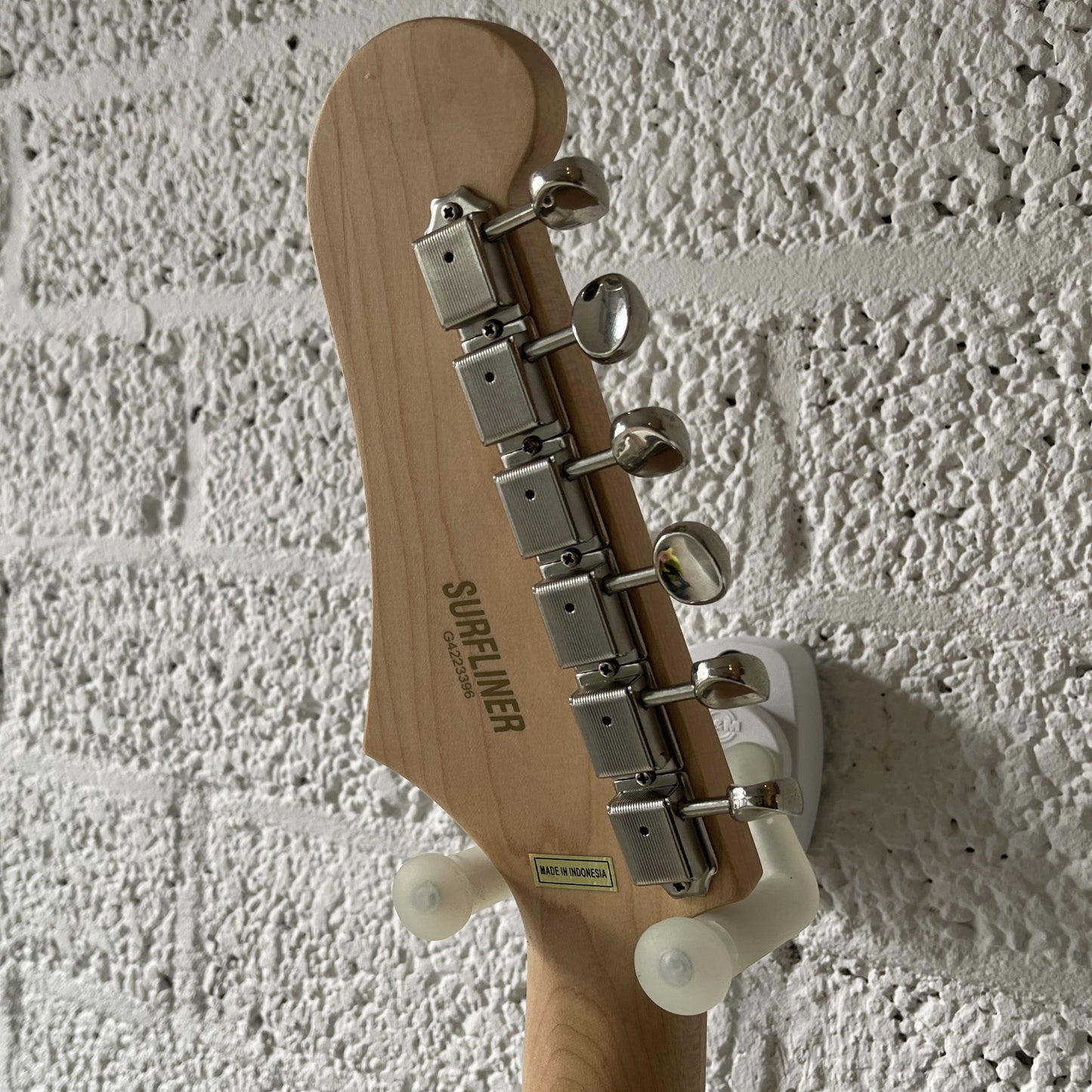 guild surfliner hh electric guitar shoreline mist headstock back view