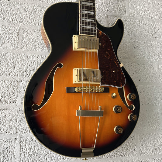 ibanez ag75g brown sunburst hollow body electric guitar low angle left view