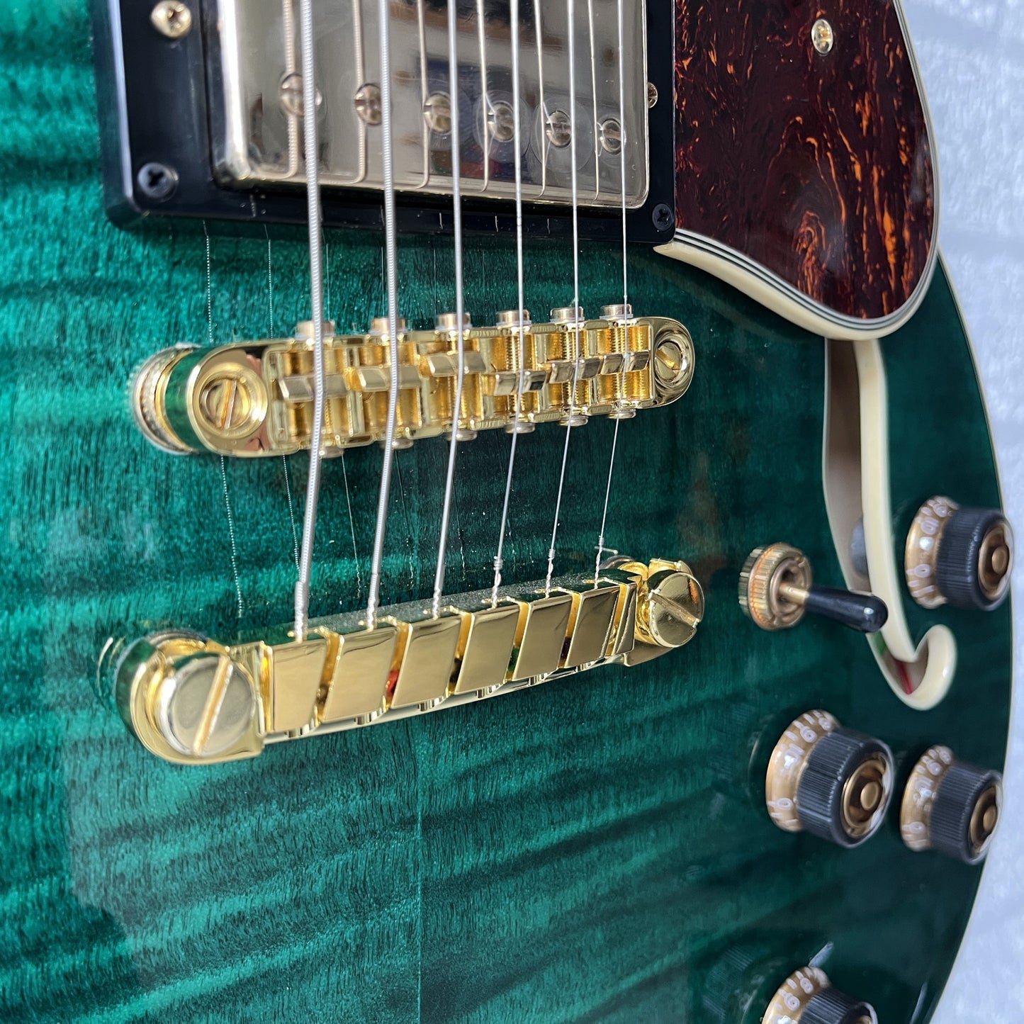 ibanez as93fm transparent moss green semi-hollow electric guitar bridge