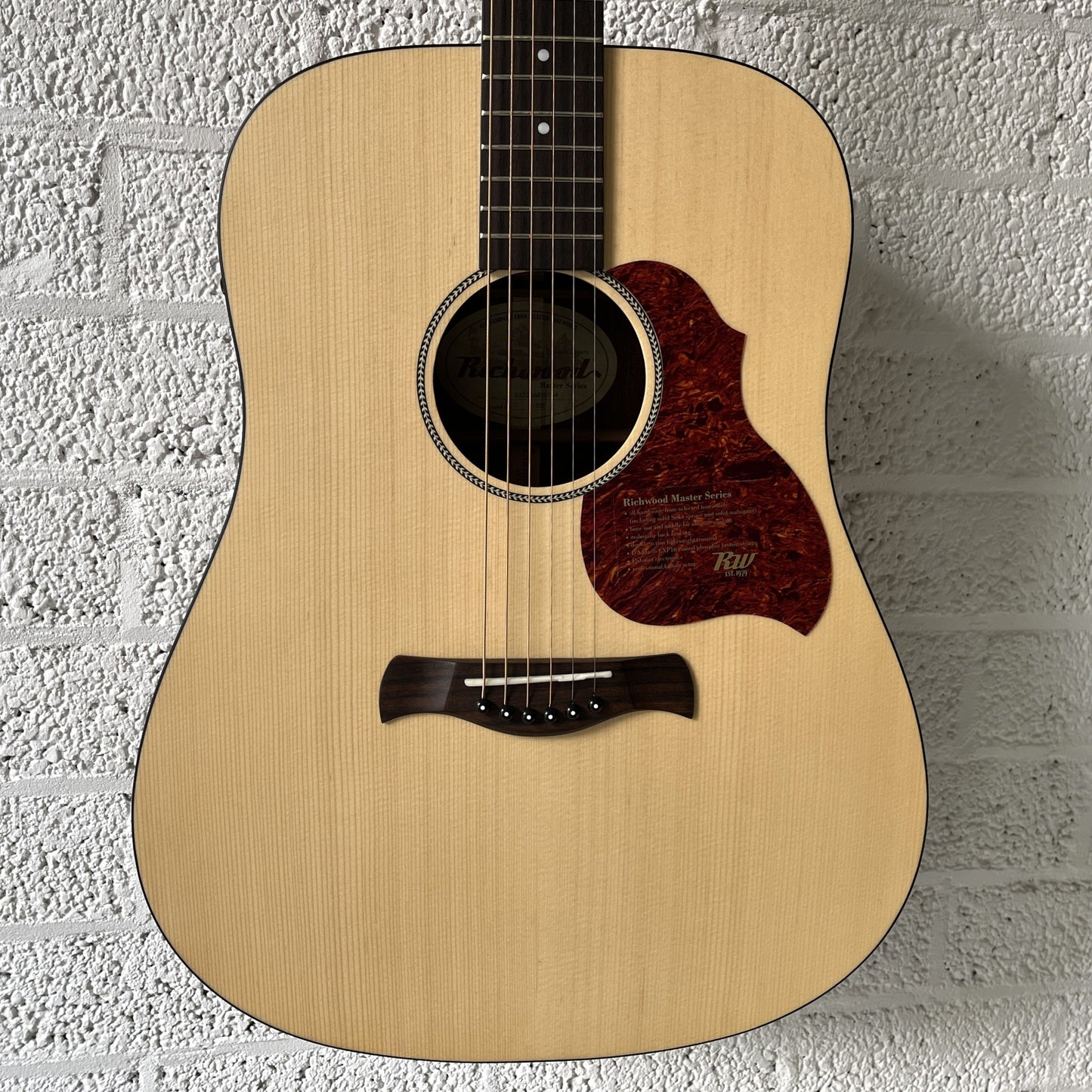 richwood d20e master series handmade dreadnought electro acoustic guitar body closeup