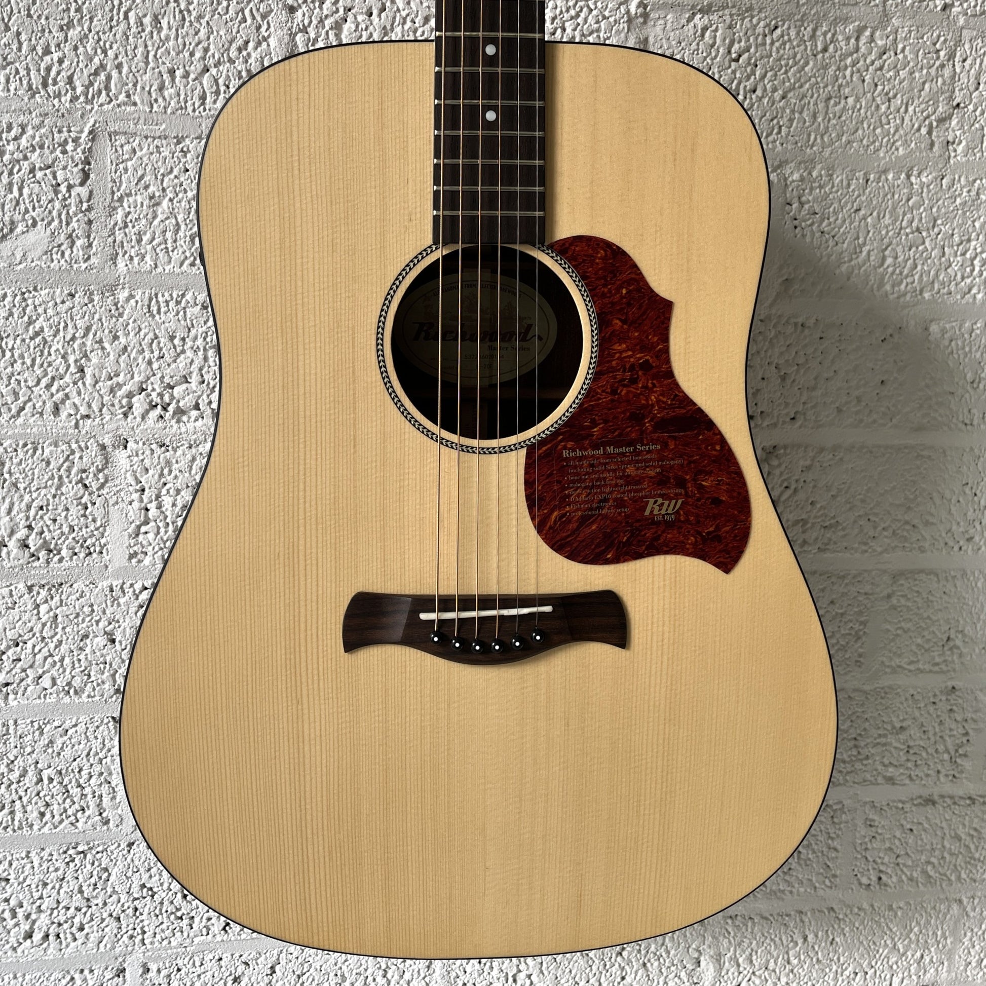 richwood d20e master series handmade dreadnought electro acoustic guitar body closeup